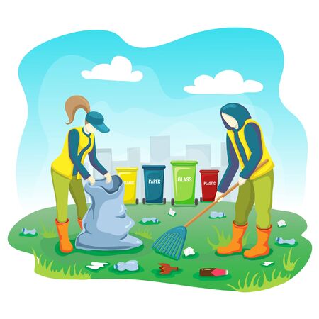 volunteers picking up trash, plastic bottles and cleaning garbage on lawn of city park with bag and bins. Volunteers team collect and sort litter outdoors, take care about planet. Save world conceptのイラスト素材