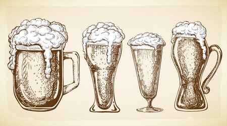 Vector hand drawn full beer glasses with dropping froth. beer mugs illustration in vintage style isolated on grunge background. various types of beer pints. Great for poster, pub, label, menu designのイラスト素材