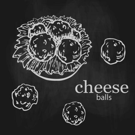 chalk drawn cheese balls with lettuce on plate isolated on black chalkboard. bar or pub snack. sicilian fast food, beer appetizer. arancini fried rice balls, Italian cuisine. breaded mozzarella sketch.のイラスト素材