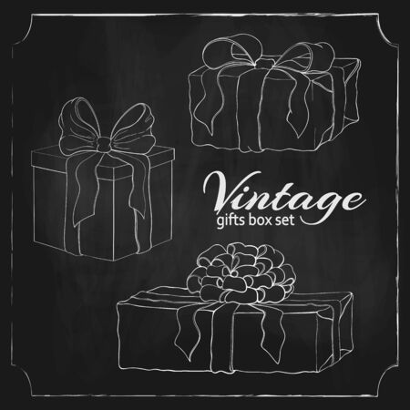 chalk drawn vintage gift box set. engraved illustration of presents isolated on black chalkboard. icon set of present boxes with bow and ribbon. wrapped gifts sketch. Silhouette of boxes on blackboard.のイラスト素材