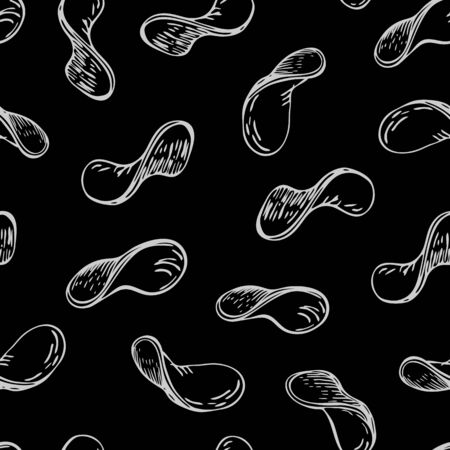 seamless chalk drawn potato chips pattern on black chalkboard. vector sketch of crunchy delicious potato crisps slices on blackboard. engraved vintage bar food background. great for package design.のイラスト素材