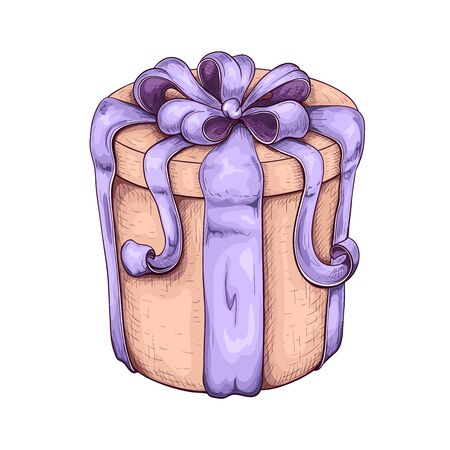 vintage round gift box hand drawn. engraved colored cardboard present illustration isolated on white background. present box icon with lush bow and ribbon. wrapped gift sketch. Vector box silhouetteのイラスト素材
