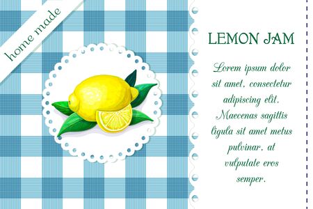 label with juicy ripe lemon on chequered backdrop in retro country style for product package design. vector blue and white plaid background with citrus fruits. organic food, juice, jam badge templateのイラスト素材