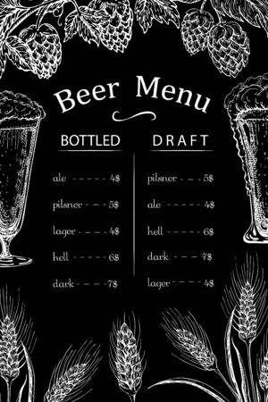 chalk drawn beer bar, pub or restaurant menu template. Vintage engraved beerhouse background on black chalkboard. Vector hand drawn illustration. beer label with glasses, hops and wheat or barley ears.のイラスト素材