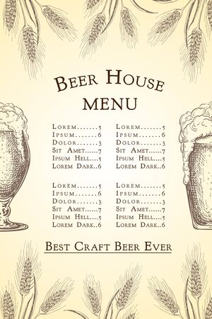 vector hand drawn beer bar or pub menu template. Vintage engraved beer house background. sketch illustration. beer label with glasses and wheat, barley ears. Alcoholic beverages restaurant menu poster.のイラスト素材