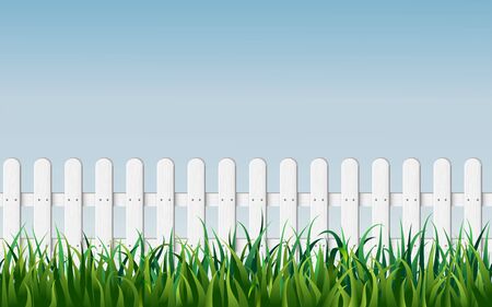 seamless white fence with green grass on blue sky background. Garden fencing. summer backyard. traditional palisade or paling with green lawn banner. vector illustration. spring landscape with hedge.のイラスト素材