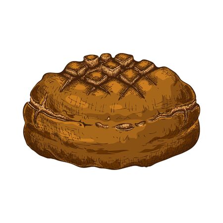 round rye bread isolated on white. hand drawn traditional brown rustic loaf doodle icon. fresh baked. Vector color sketch in vintage engraving style. illustration for poster, label, menu bakery shopのイラスト素材