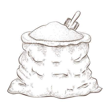 hand drawn flour or sugar bag sketch isolated on white. whole sack of flour sugar with scoop vector icon. Vintage engraved illustration of burlap rustic bag great for label, bakery menu package designのイラスト素材