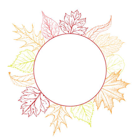 vector round frame with autumn leaves. fall wreath. autumnal background, banner, poster, flyer label template. Autumn greeting card design great for print, invitation, promotion, Thanksgiving design.のイラスト素材