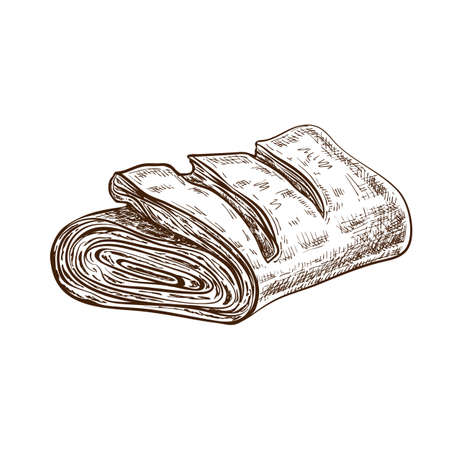 one fresh puff bun or pastry turnovers sketch isolated on white. puff pastry cake with filling like cheese, meat, jam or apple. baked pie, strudel hand drawn illustration. vector pastry iconのイラスト素材