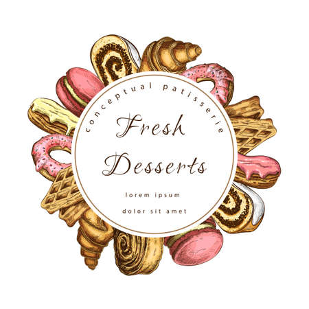 vector pastry, bakery round label or frame with sweet desserts. bakeryhouse logo template. Pastry shop emblem. Patisserie circle banner or signboard. icon of donuts, cakes, desserts, croissans, waffle