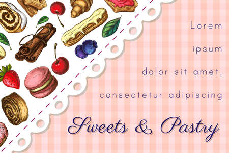 vector bakery pastry background with desserts, berries and place for text on pink chequered backdrop. cute sweets and pastries horizontal banner, composition. for menu, package, business cards design.のイラスト素材