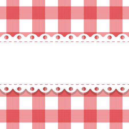 vector seamless plaid, checkered pattern with lacy doily. gingham background and frame with scallop border endless template. red white fabric texture. Vintage picnic tablecloth.italian kitchen print.のイラスト素材