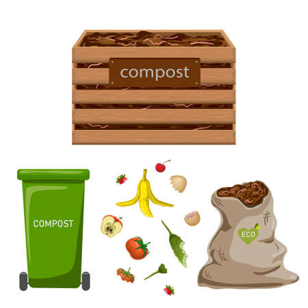 set of garden composters for bio recycling of natural biodegradable waste, organic garbage like food leavings. vector illustration. wooden compost box, plastic bin, bag full of fertile soil with wormsのイラスト素材