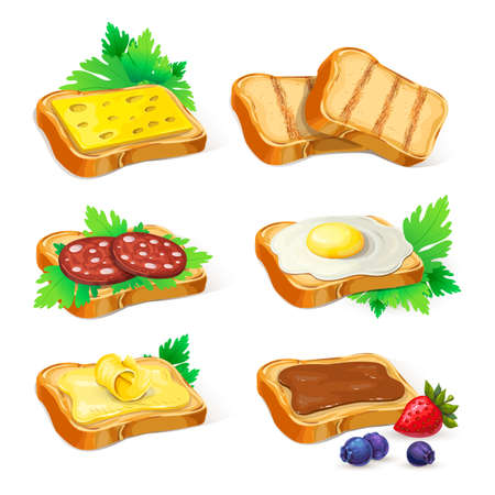 set of different toasts with various topping isolated on white. collection of wheat sandwiches vector illustration. toasted bread with butter, fried eggs, cheese, chocolade spread, sausage for design.のイラスト素材
