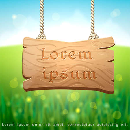 natural blurred summer or spring background with hanging wooden signboard, green meadow and sunlight. Empty wooden banner on green bokeh backdrop. vector illustration for poster, ad, game design, appsのイラスト素材