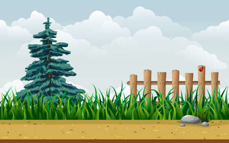 seamless countryside cartoon landscape. endless parallax game background with fir tree, grass, ground, stones on road, fence and blue sky. sunny summer day horizontal illustration for game design.のイラスト素材