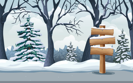 Wooden signpost in snow, realistic winter landscape with woods, fir trees, road and snowbanks. seamless wintertime nature background. parallax game scene. great for mobile, apps, ads, prints design.のイラスト素材