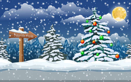 winter snowy night landscape. Christmas banner with spruce tree, wooden north pole sign in snow, snowfall and moon. cute festive illustration great for holiday design. cartoon style vector clipart.のイラスト素材