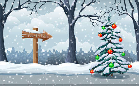 winter snowy landscape, festive illustration with spruce tree, wooden signpost in snow, snowfall. cute picture of magic forest at Christmas Time. great for holiday design. cartoon style vector clipartのイラスト素材