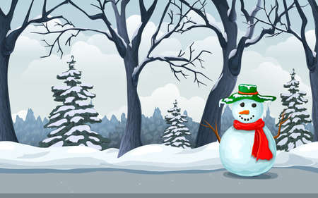 winter cartoon background or picture with snowy woods, road, snowdrifts and cute snowman. seamless north pole horizontal landscape. cold season day scene outdoor. ice wonderland wallpaper or postcard.のイラスト素材