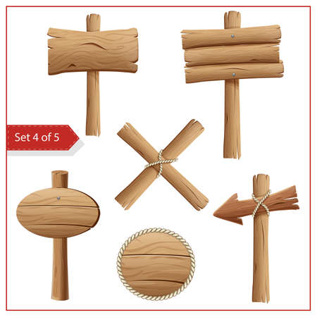 Old wooden signboards and signposts isolated on white background. Rustic boards and pointers vector illustration in cartoon style. Billboard, guidepost and arrow with ragged edges fastened with rope.のイラスト素材