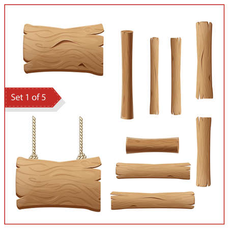 Collection of timber materials like a wooden panels, planks, logs, empty signboard isolated on white background. textured rustic lumber illustration. great for ui design. vector cartoon kit. game assetのイラスト素材