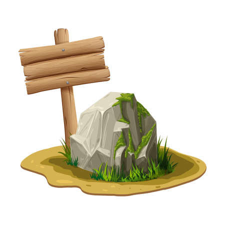 one gray rock with wooden signpost. stone, boulder covered with moss in grass on ground with signboard. natural landscape element. vector Illustration. for forests, swamp, jungle mountains game designのイラスト素材