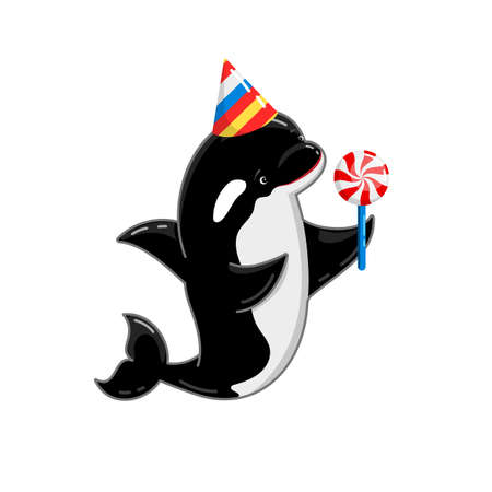 cute baby killer whale character in party hat with lollipop. orca lovely cartoon illustration isolated on white. funny underwater wild sea animal clipart. shark dolphin personage for birthday design.のイラスト素材
