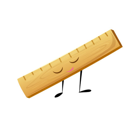Cute ruler character vector cartoon illustration isolated on white. Smiling happy wooden ruler with eyes and mouth. school item or supply, great for mascot or back to school design. Kawaii personageのイラスト素材