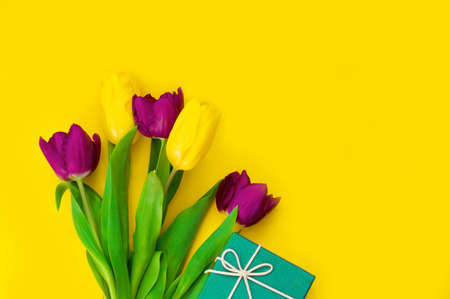 Bouquet of beautiful yellow and purple tulips and gift boxes on a yellow background. Concept for...