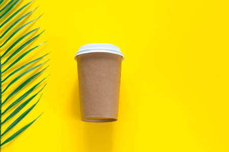 Eco friendly paper glass,tropical leaves on yellow background. on yellow background.の写真素材