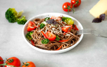 Noodles with dry soba on the side. Top view. Selective focus.の写真素材