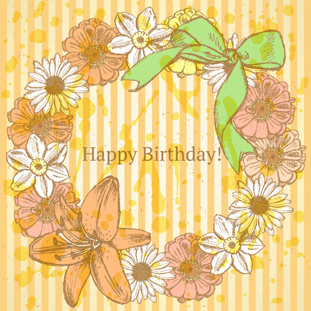 Zinnia, narcissus, lily and daisy flower circle with bow, vector Birthday pattern

のイラスト素材