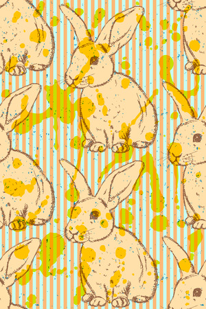 Sketch rabbit, vector vintage seamless patternのイラスト素材