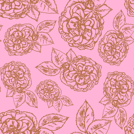 Sketch rose with leaves vintage seamless patternのイラスト素材