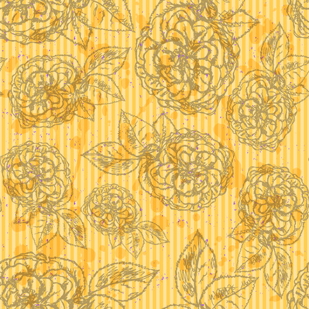 Sketch rose with leaves vintage seamless patternのイラスト素材