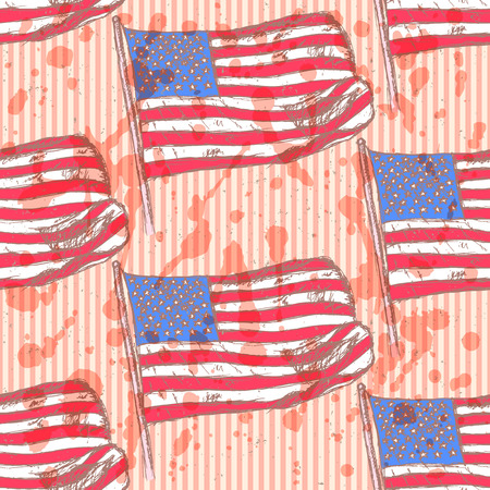 Sketch flag of USA, vector vintage seamless patternのイラスト素材
