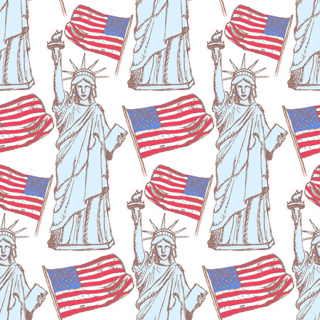 Sketch Statue of Liberty and flag, vector vintage seamless patternのイラスト素材