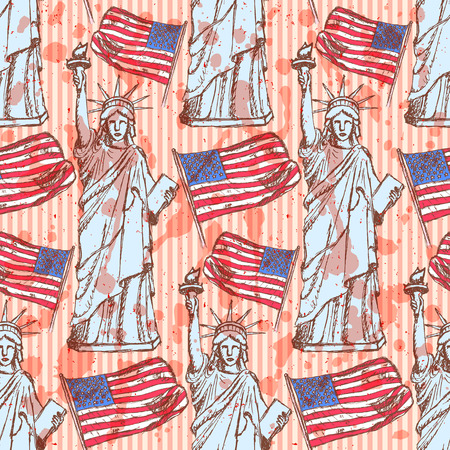 Sketch Statue of Liberty and flag, vector vintage seamless patternのイラスト素材