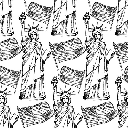 Sketch Statue of Liberty and flag, vector vintage seamless patternのイラスト素材
