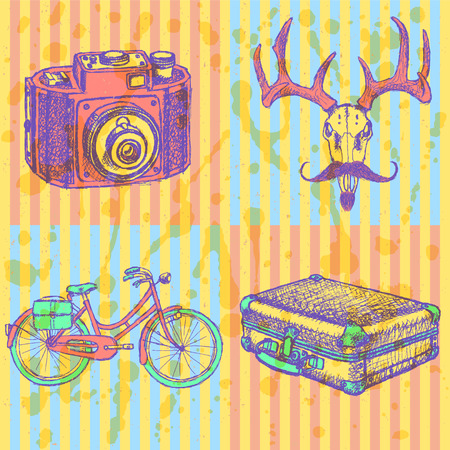 Sketch deer with mustache, suitecase, bicycle and photo camera

のイラスト素材