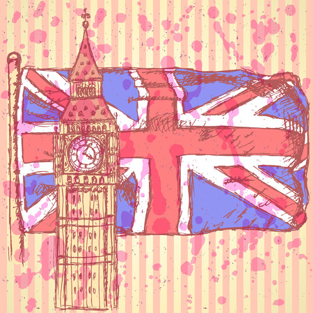 Sketch Big Ben on tile with UK flag, vector vintage backgroundのイラスト素材