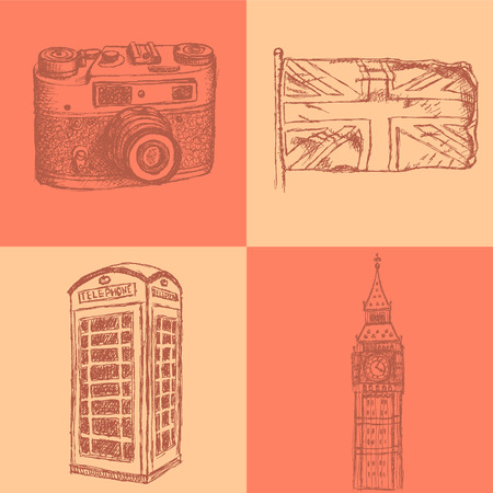 Sketch photo camera, phone cabin, UK flag and Big Ben vintage backgroundのイラスト素材