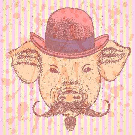 Sketch pig in hat with mustche, vector vintage ackgroundのイラスト素材
