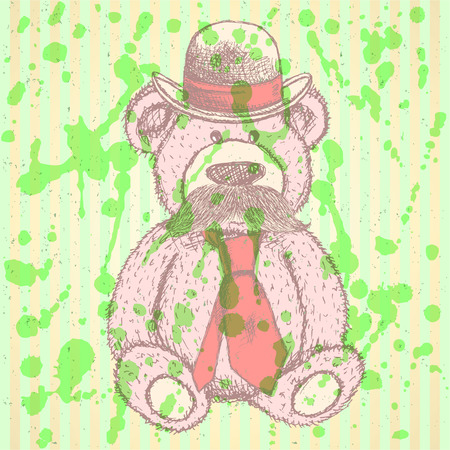 Sketch Teddy bear in hat and tie with mustacheのイラスト素材