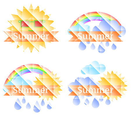 Summer background with sun, clouds, rainbow and rainのイラスト素材