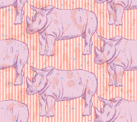 Sketch wild rhino, vector vintage seamless patternのイラスト素材