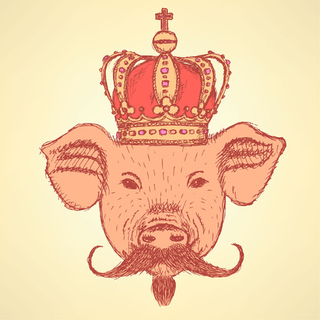 Sketch pig in crown with mustache, vector vintage backgroundのイラスト素材