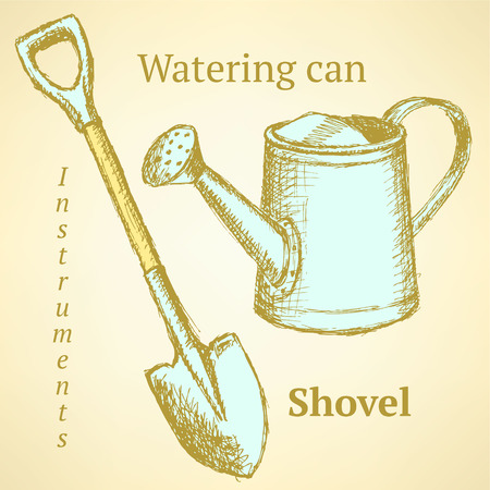 Sketch shovel and watering can, vector vintage backgroundのイラスト素材